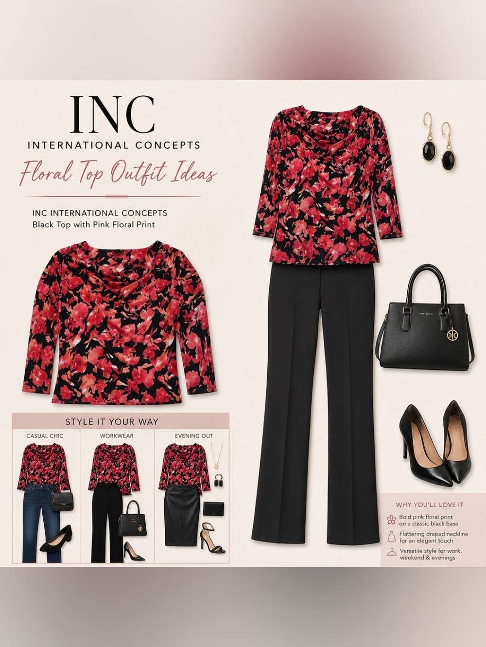 INC International Concepts Black Top with Pink Floral Print